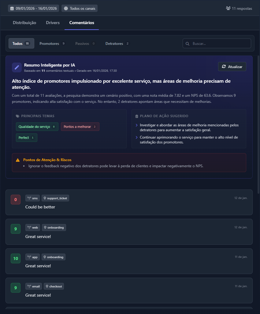 NPS — Aba Comentários com filtros